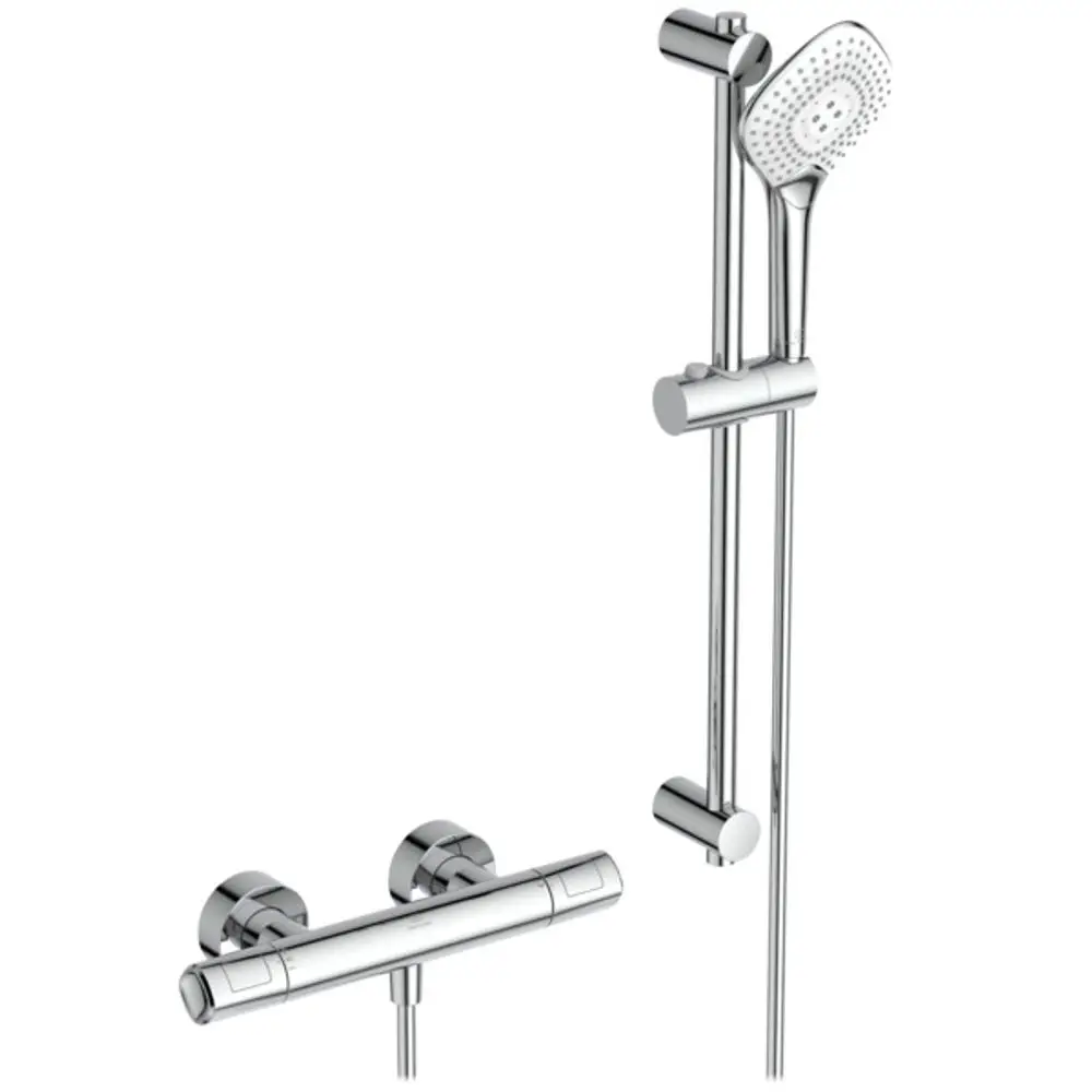 Brausethermostat in Chrom von Ideal Standard mit Wandmontage und seitlich angeordneter Handbrause im Hochformat, kombiniert mit festem Halter.